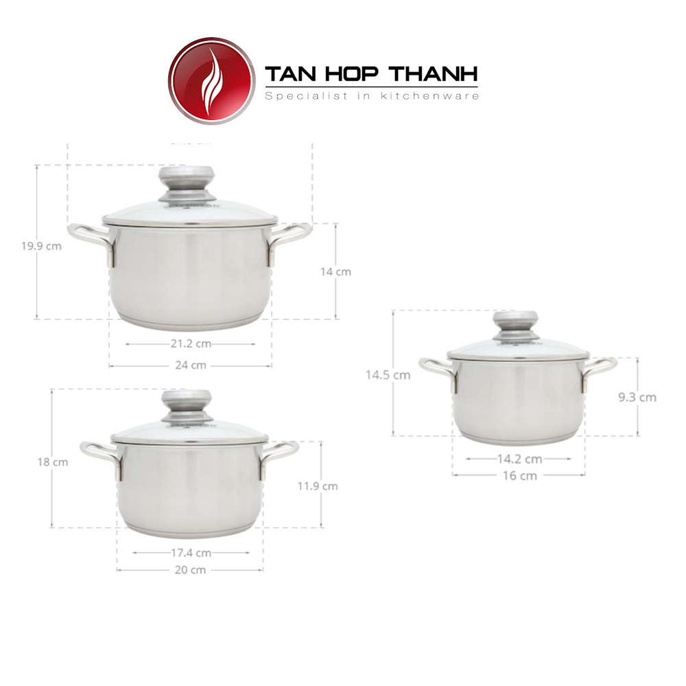 Bộ 3 Nồi Inox 3 Đáy 5 Ngôi Sao Royal Cool vung kính gồm 3 size 16cm, 20cm và 24cm