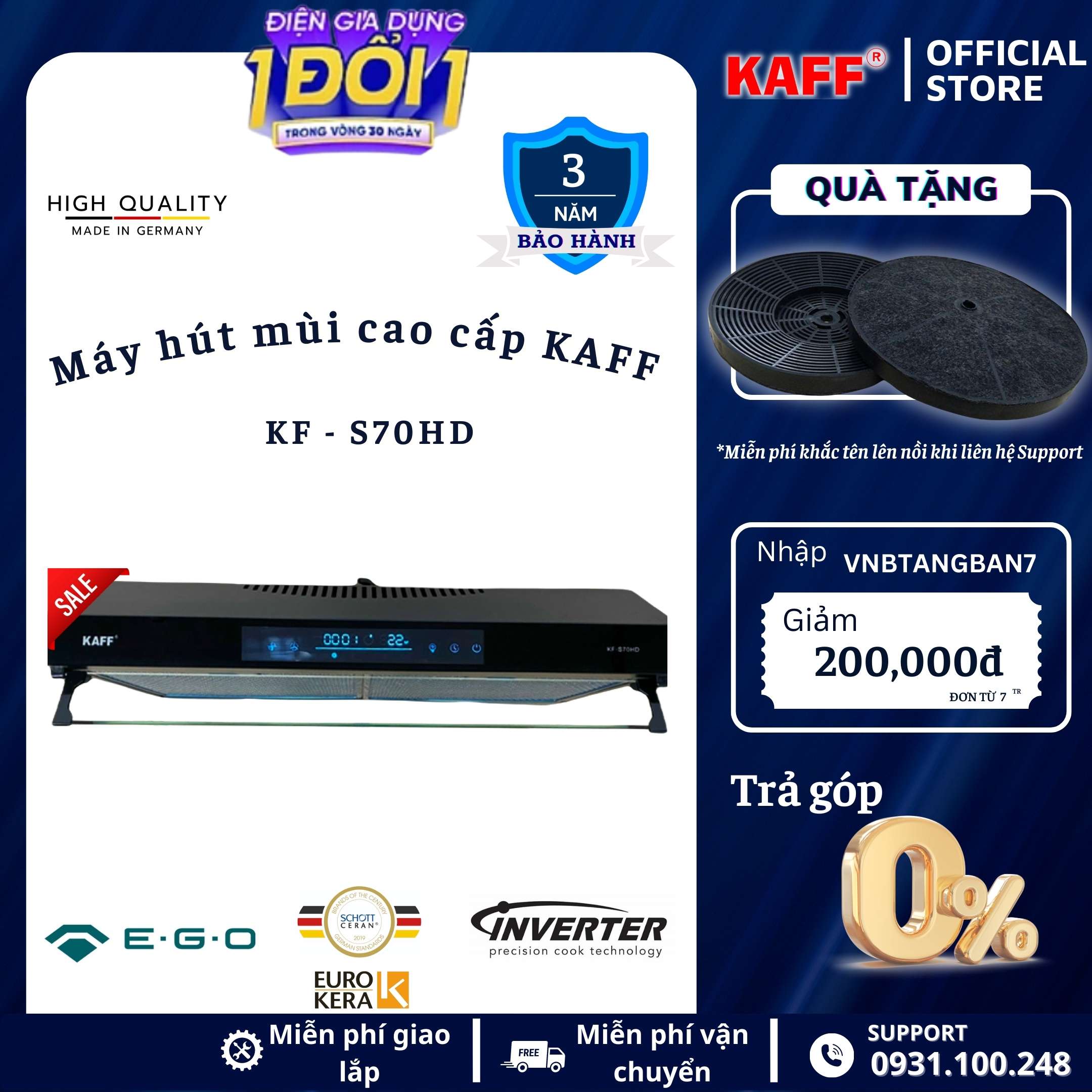 Máy hút mùi KAFF KF-S70HD - Tặng bộ lọc than hoạt tính - Hàng chính hãng