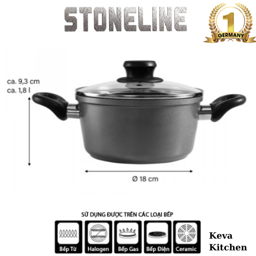 Nồi chống dính phủ đá Stoneline 18cm/ 20cm/ 24cm, dùng cho bếp từ, bếp gas, bếp hồng ngoại, chiên, nướng không dầu -Thương hiệu Đức