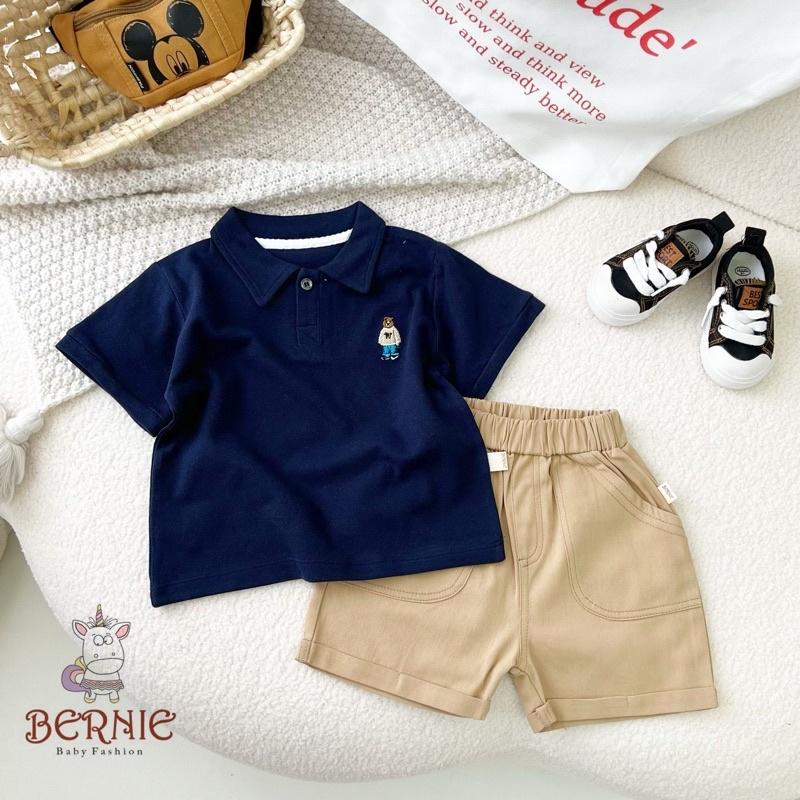 Bộ đồ Polo bé trai basic thêu gấu áo trắng quần short đen, áo xanh quần short be 8-24kg phù hợp với các dịp lễ tết. bé có thể mặc đi học, đi chơi