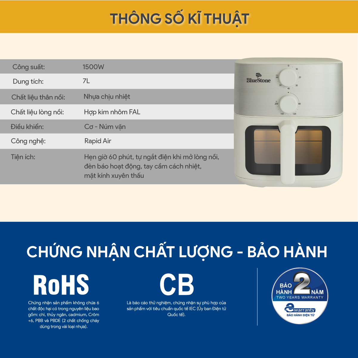 Nồi Chiên Không Dầu BlueStone AFB-5853 7 Lít 1500W - Hàng Chính Hãng