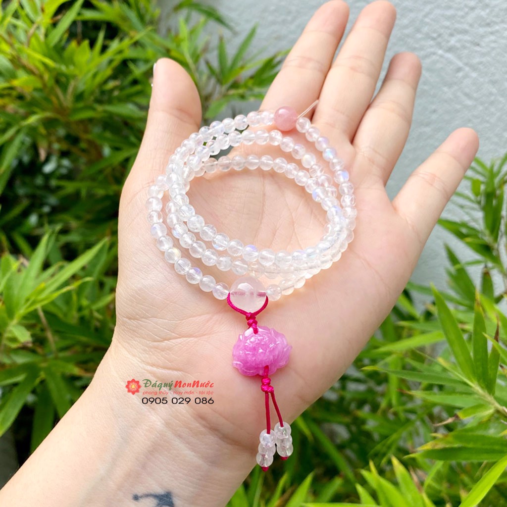 Chuỗi vòng tay Nữ đá mặt trăng Moonstone 4.5ly mix hoa sen đá Ruby