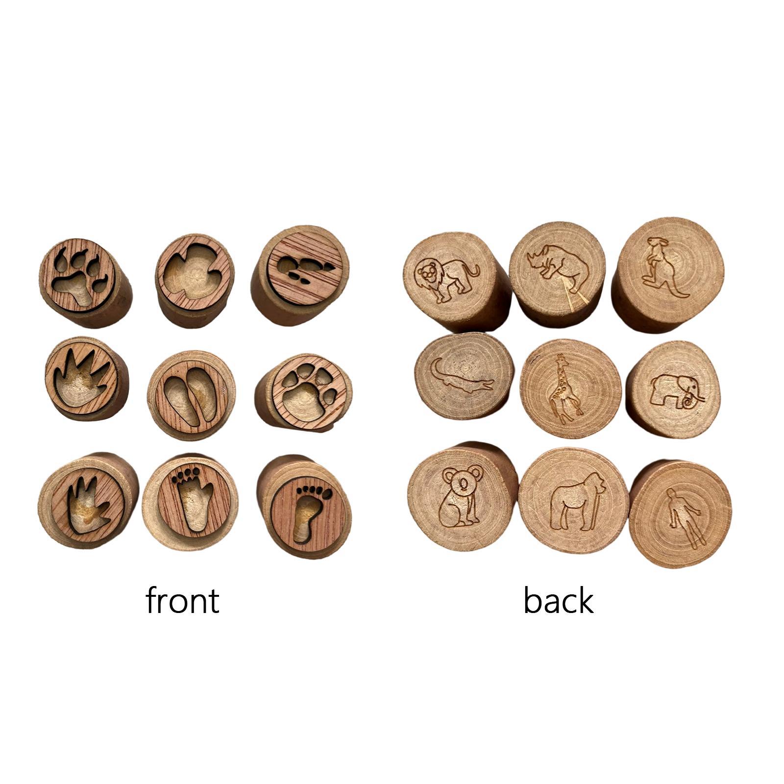 9Pcs Wooden Stamp Set Animals Foot Print Stamp Handmade Painting Animals Paw Stamp Animal Track Stamps for Clay, Planner, Teachers, Card Making