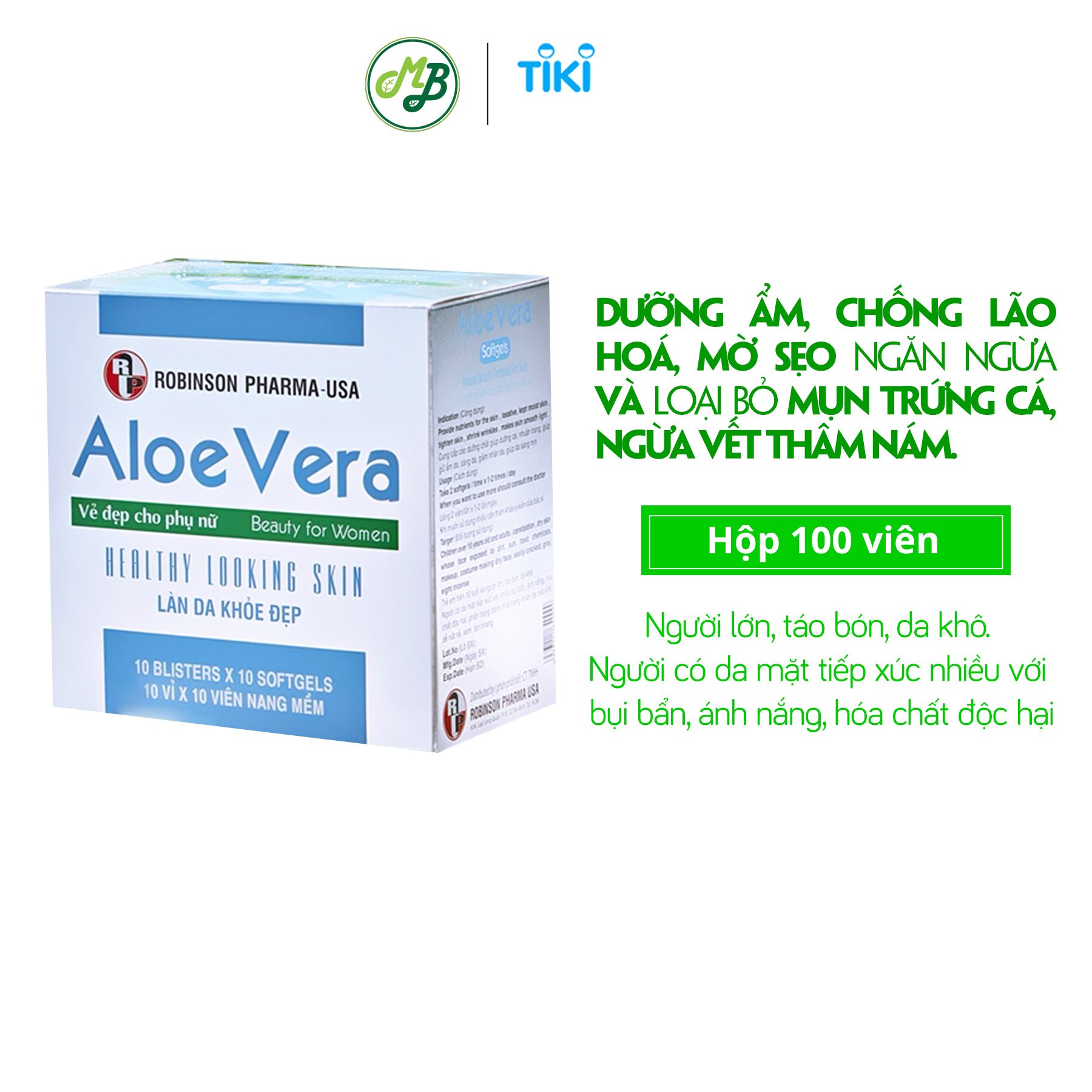 Thực phẩm bảo vệ sức khỏe ALOE VERA sữa ong chúa,đẹp da-giải độc-nha đam-MediBeauty-Robinson Pharma usa-Hộp 100 viên