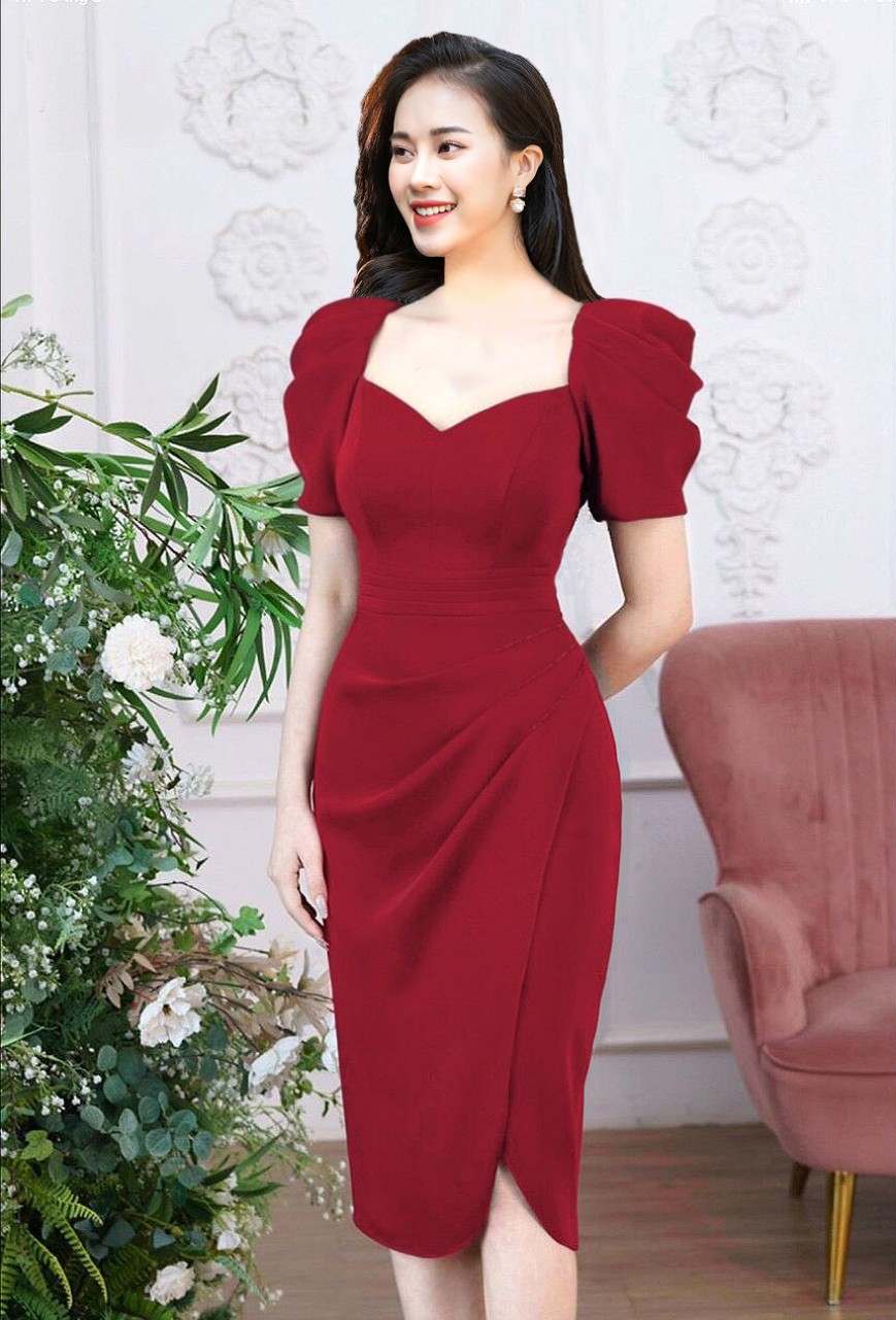 Đầm Body Tay Phồng Tùng Xếp Ly Đính Pha Lê
