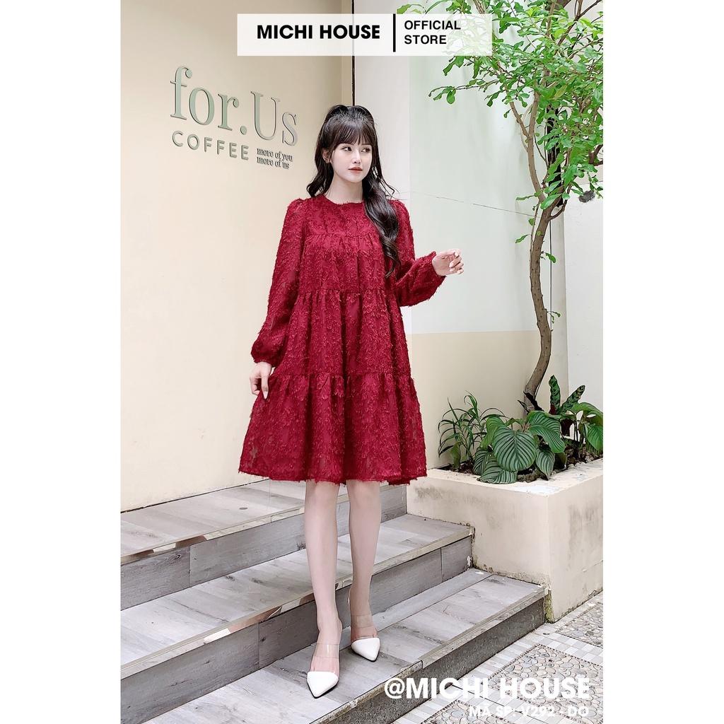 Đầm Suông Babydoll Đỏ Kem MICHI House Váy Xuông Rộng Dài tay Cổ tròn Freesize Dễ Mặc Xinh V291