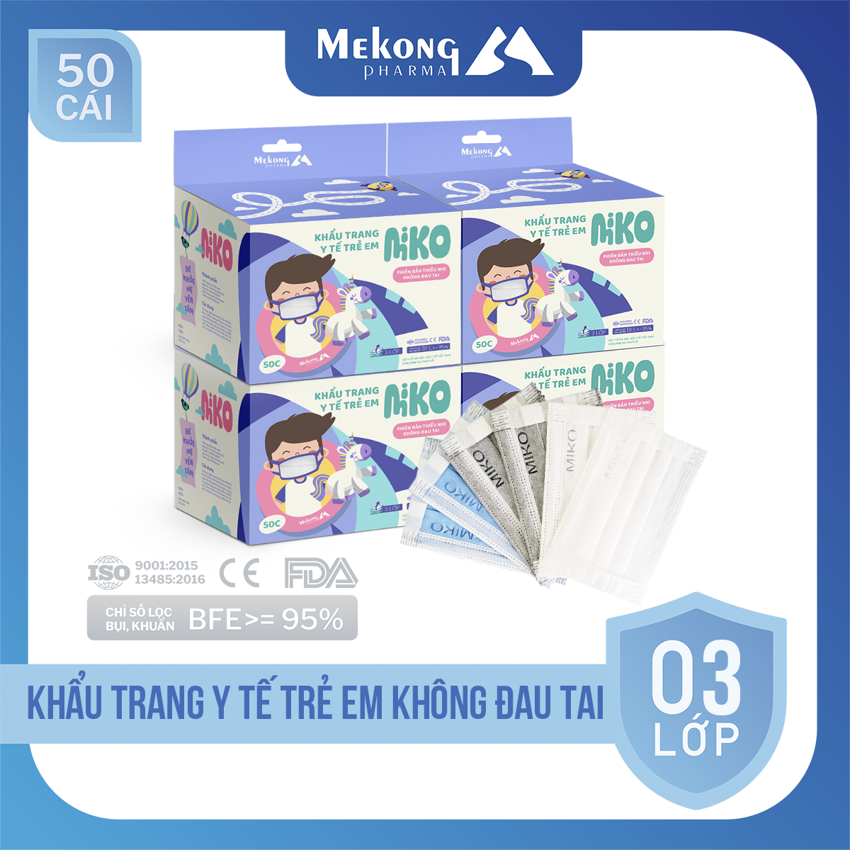 Combo 4 Hộp Khẩu trang trẻ me MiKo cao cấp, có dây đeo mềm không đau tai