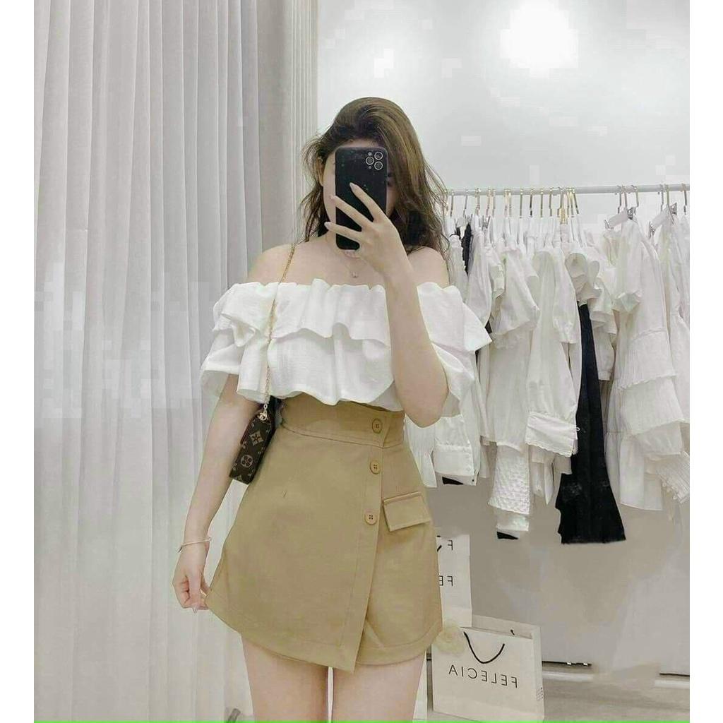 Set bộ thời trang nữ áo trễ vai bèo lai xếp ly kèm chân váy phối nút xẻ tà siêu sang chảnh