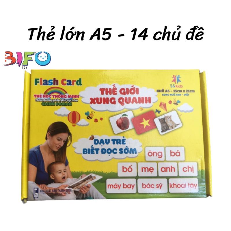 Bộ thẻ học thông minh flashcard song ngữ Anh - Việt bản chuẩn 16 chủ đề và 14 chủ đề cỡ lớn A5 giúp bé phát triển tư duy