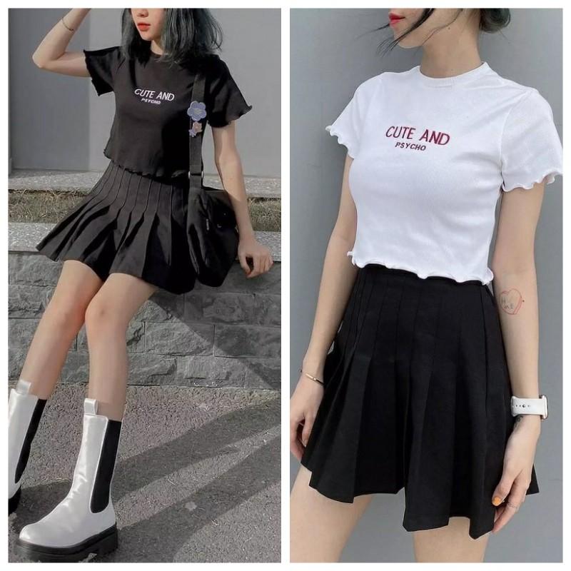 Áo croptop nữ ôm kiểu viền bèo áo crtop ngắn tay CUTE 2 màu trắng đen chất thun đẹp mịn mát