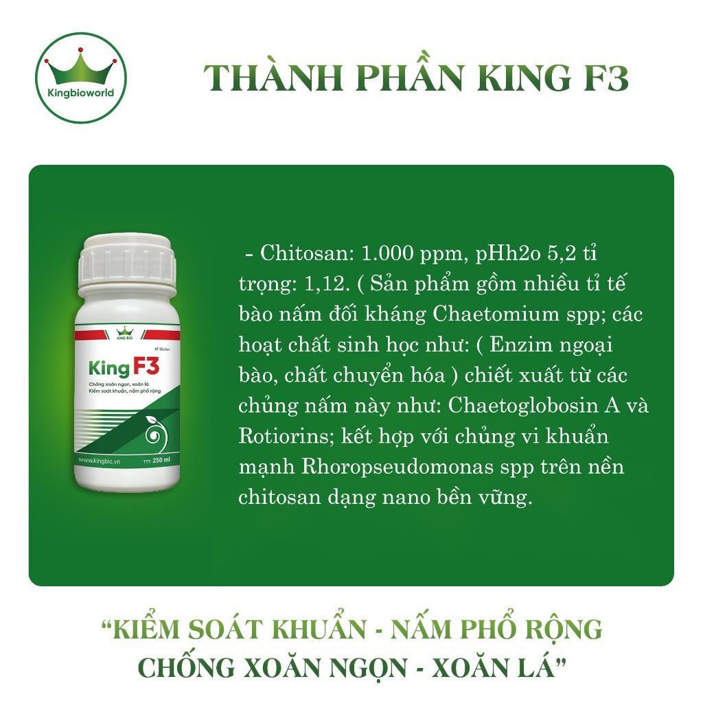 King F3 - Thuốc chống xoăn ngọn xoăn lá, kiểm soát khuẩn và nấm phổ thông, trị nứt thân, xì mủ, thán thư, sương mai