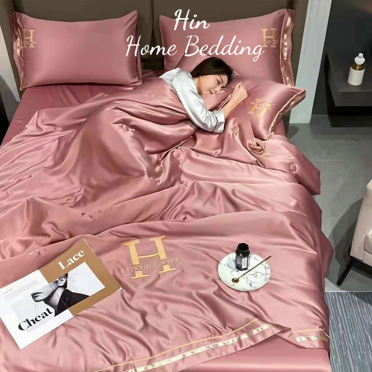 Bộ Chăn Ga Gối Đệm 5 Món Chăn Phao Lụa Thái Hin Home Bedding Drap Giường Lụa Mẫu Hồng