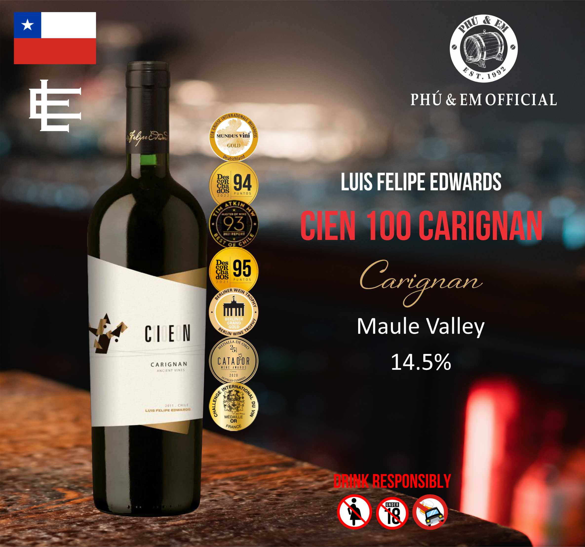 Rượu Vang Đỏ Chile Luis Felipe Edwards Cien 100 Carignan