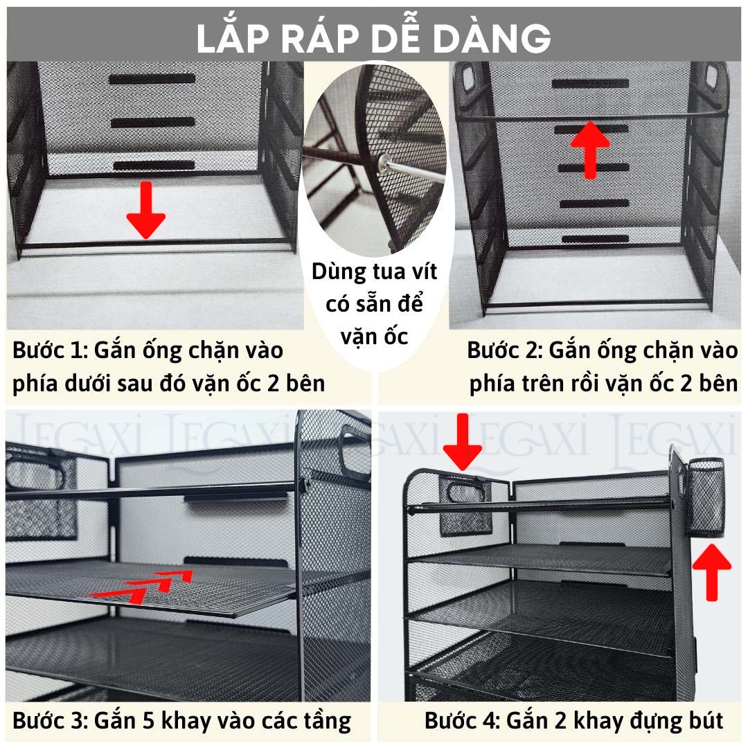 Kệ đựng hồ sơ tài liệu giấy tờ kim loại để bàn 5 tầng kèm khay đựng bút thước gôm ghim bấm tủ kéo tiện dụng thông minh Legaxi