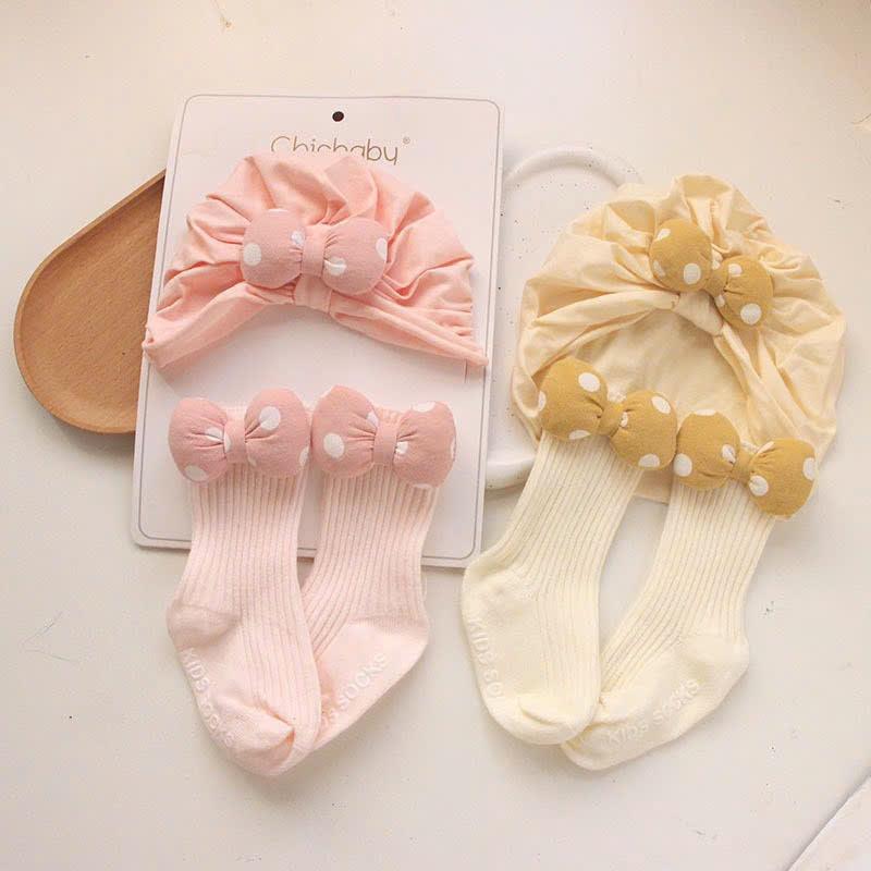 Set Mũ Nón Turban Kèm Vớ Cao Cổ Có Chống Trượt Đính Hình Dễ Thương Cho Bé Gái - Chicbaby