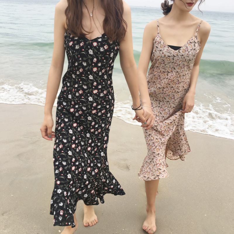 Đầm 2 dây maxi bông hoa nhí đuôi xòe form dài Hàn Quốc
