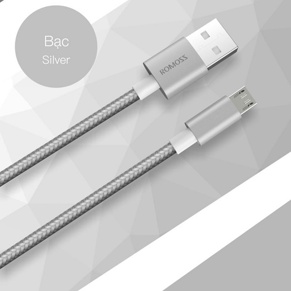 Cáp sạc nhanh micro USB bọc Nylon Romoss dài 1m (Bạc) - Hàng chính hãng