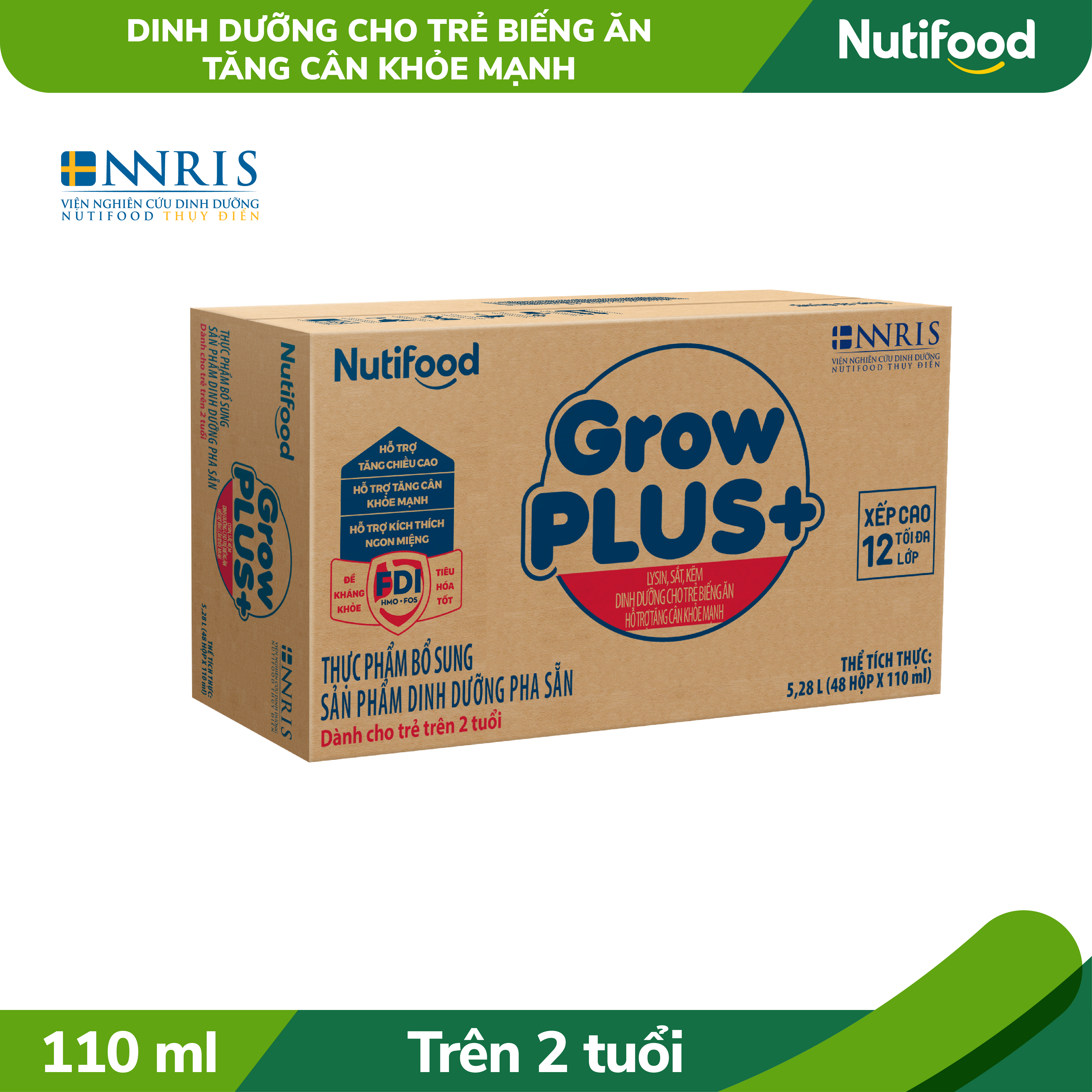 Thùng Sữa bột pha sẵn GrowPLUS+ Biếng ăn (XANH) cho trẻ tăng cân khoẻ mạnh (Trên 2 tuổi) (48 hộp x 110ml)