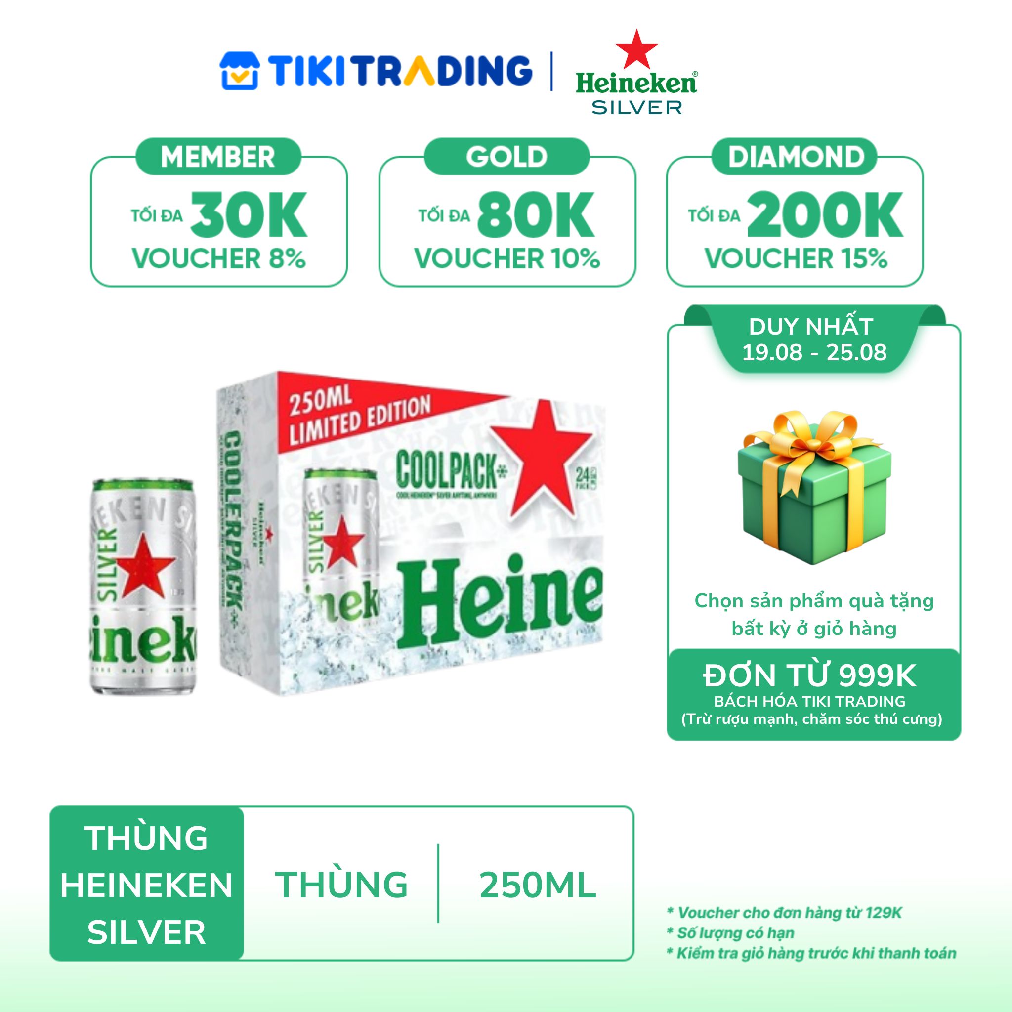 [19-25.08 QT đơn từ 999k] Thùng 24 lon bia Heineken Silver Coolpack 250ml/lon