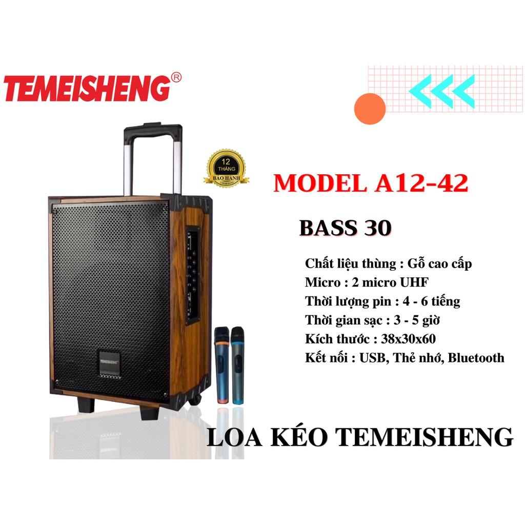 Loa kéo thùng gỗ hát karaoke, nghe nhạc bass 3 tấc kết nối bluetooth, usb Temeisheng A12-42 -hàng chính hãng