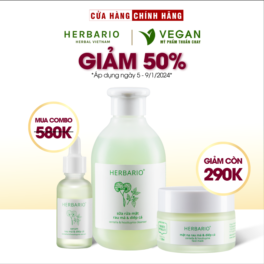 Bộ 3 chăm sóc da mụn cơ bản rau má & Diếp cá Herbario: Sữa rửa măt 200ml + Mặt nạ 30ml + Tinh chất 30ml