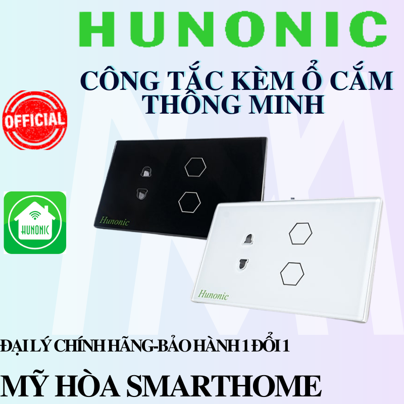 Công Tắc Thông Minh Kèm Ổ Cắm Hunonic Đen-Trắng│Công Tắc Cảm Ứng Đế Âm Chữ Nhật -2022