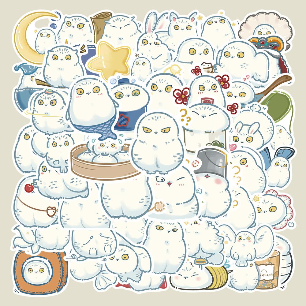 Sticker cú trắng chibi hoạt hình cute trang trí mũ bảo hiểm, guitar, ukulele, điện thoại, sổ tay, laptop-mẫu S54