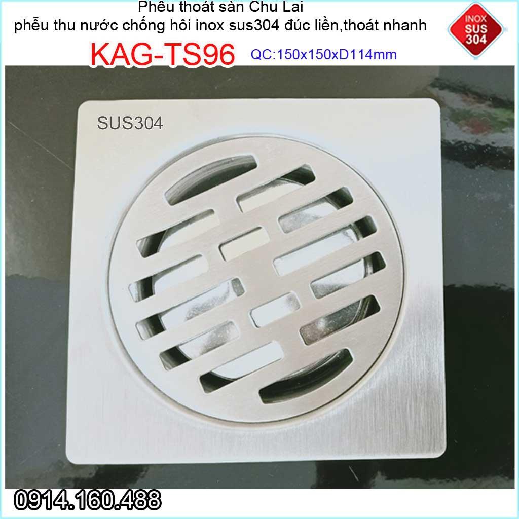 Phễu thoát sàn Chu lai ống 11.4cm Inox 304, phễu thoát nước chống hôi 15x15cm-20x20cm D114 KAG-TS85, KAG-TS96