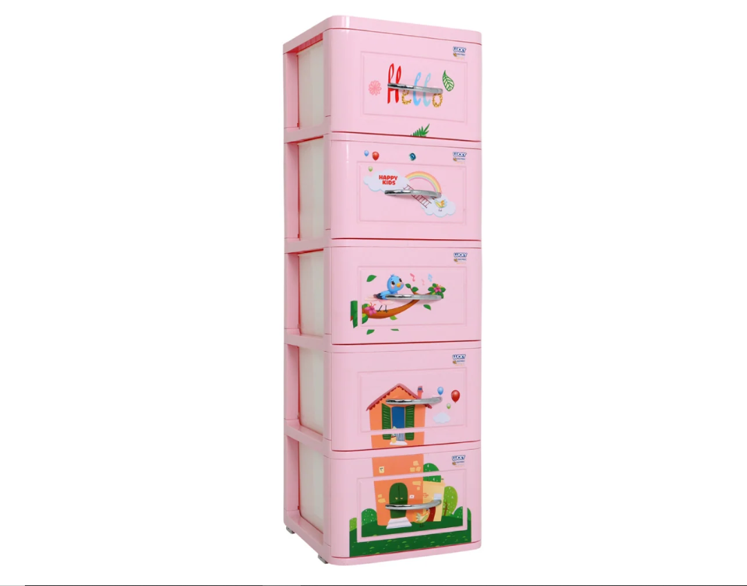 Tủ nhựa 5 tầng Qui Phúc Lucky màu hồng mẫu ngôi nhà KT  380 x 410 x 1250 mm