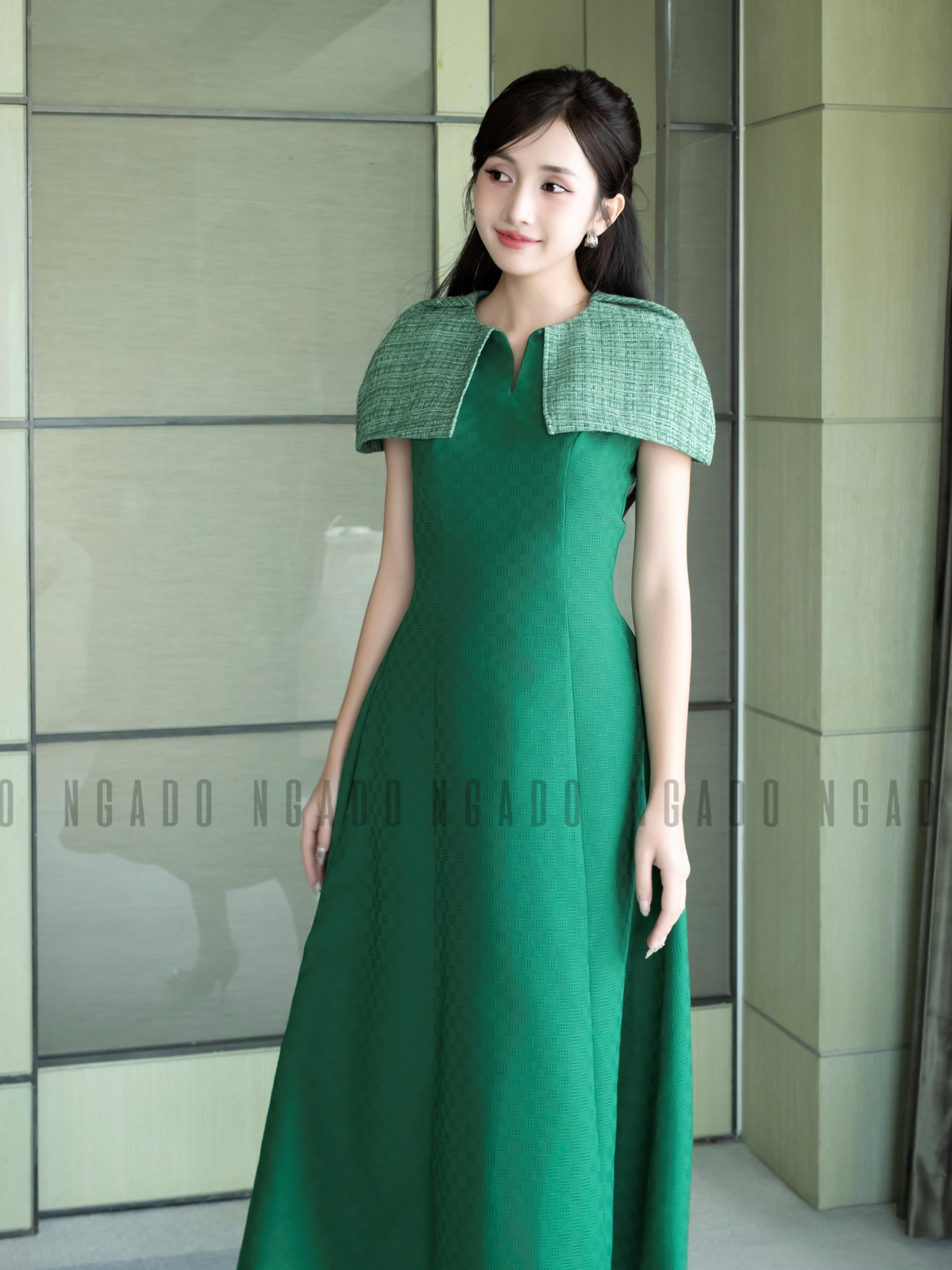 Đầm xanh lá phối tweed NGADO , đầm dự tiệc dáng dài , đầm thiết kế