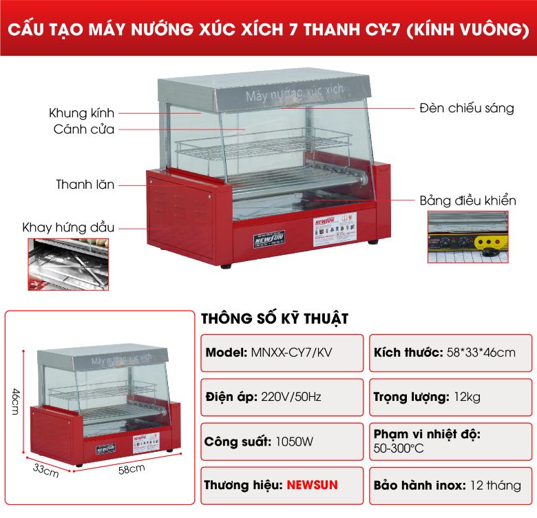 Máy nướng xúc xích 7 thanh CY-7 (kính vuông) NEWSUN - Hàng chính hãng