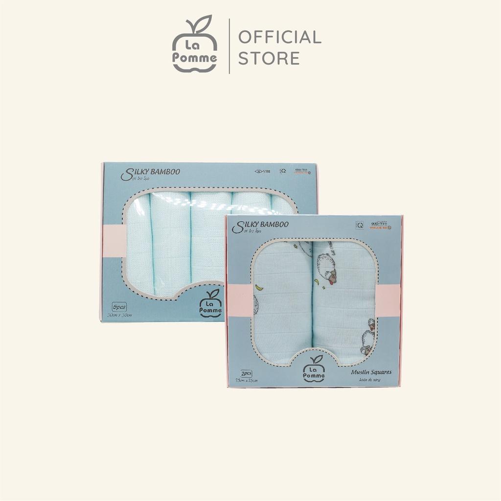 Combo 2 K001 Set 5 Khăn sữa (30x30cm) màu Xanh + K002 Set 2 Khăn đa năng sợi tre lụa La Pomme (75x75cm) - Blue Sheep