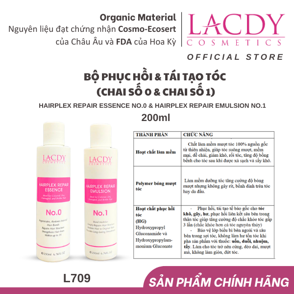 Bộ sản phẩm phục hồi - tái tạo tóc hư tổn Lacdy (L706 L707) Chai số 0 200ml &amp; chai số 1 200ml