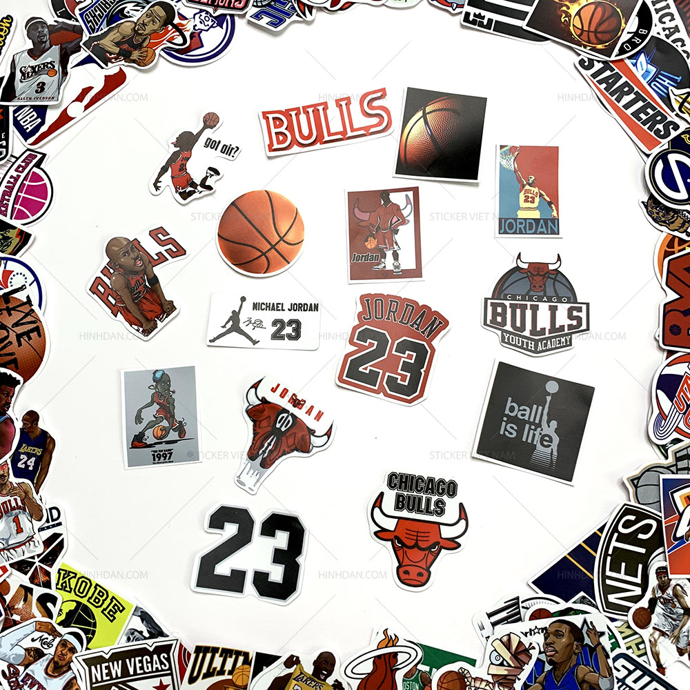 Sticker NBA Bóng Rổ - Chất Liệu PVC Chất Lượng Cao Chống Nước - Kích Thước 4-8cm