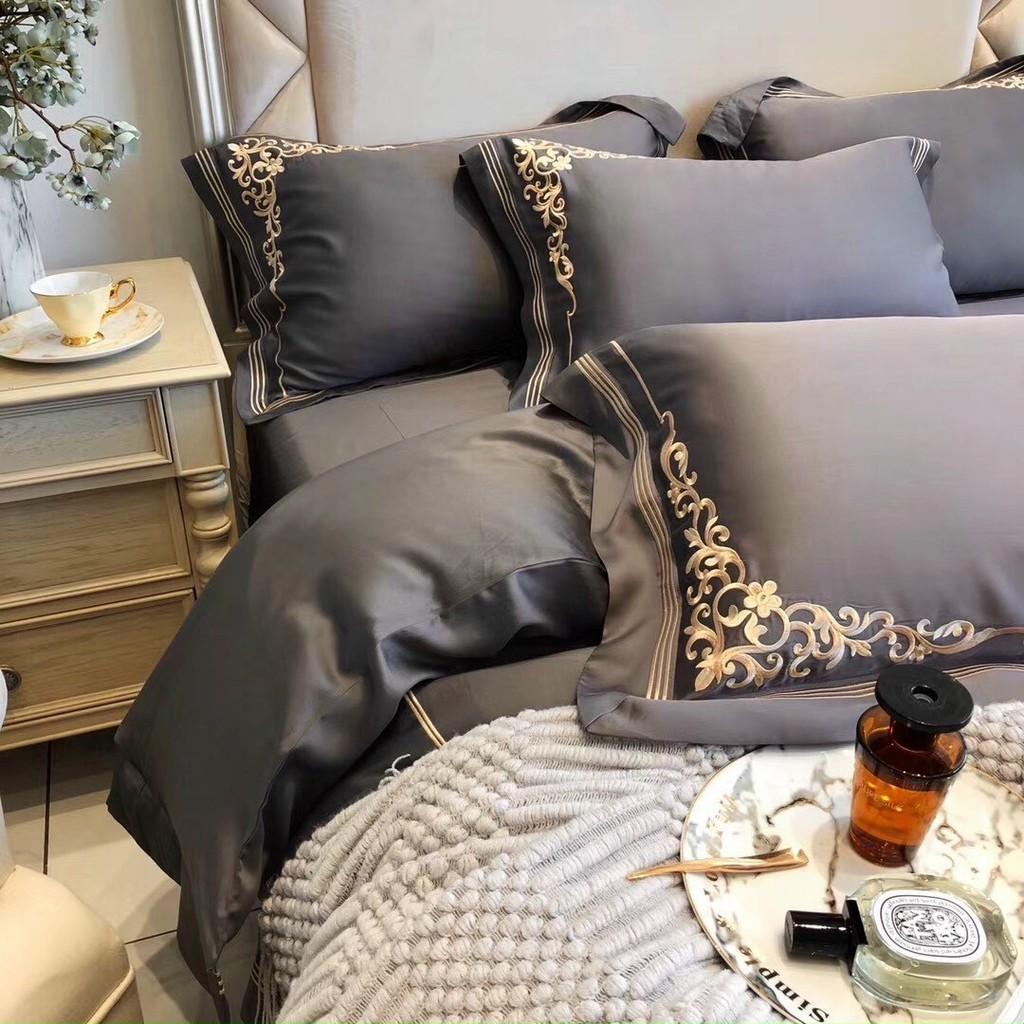 Bộ chăn ga gối cao cấp tencel 100s thêu hoàng gia 4 món ghi đậm