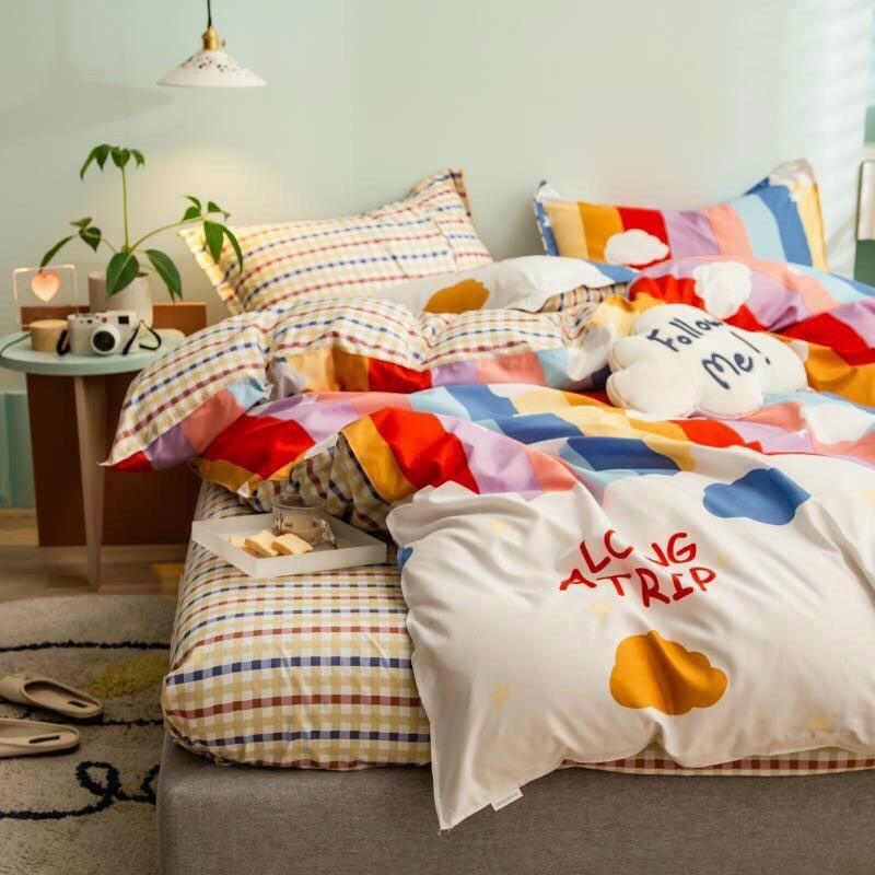 Bộ chăn ga gối 4 món cotton poly cầu vồng cao cấp phong cách Hàn Quốc
