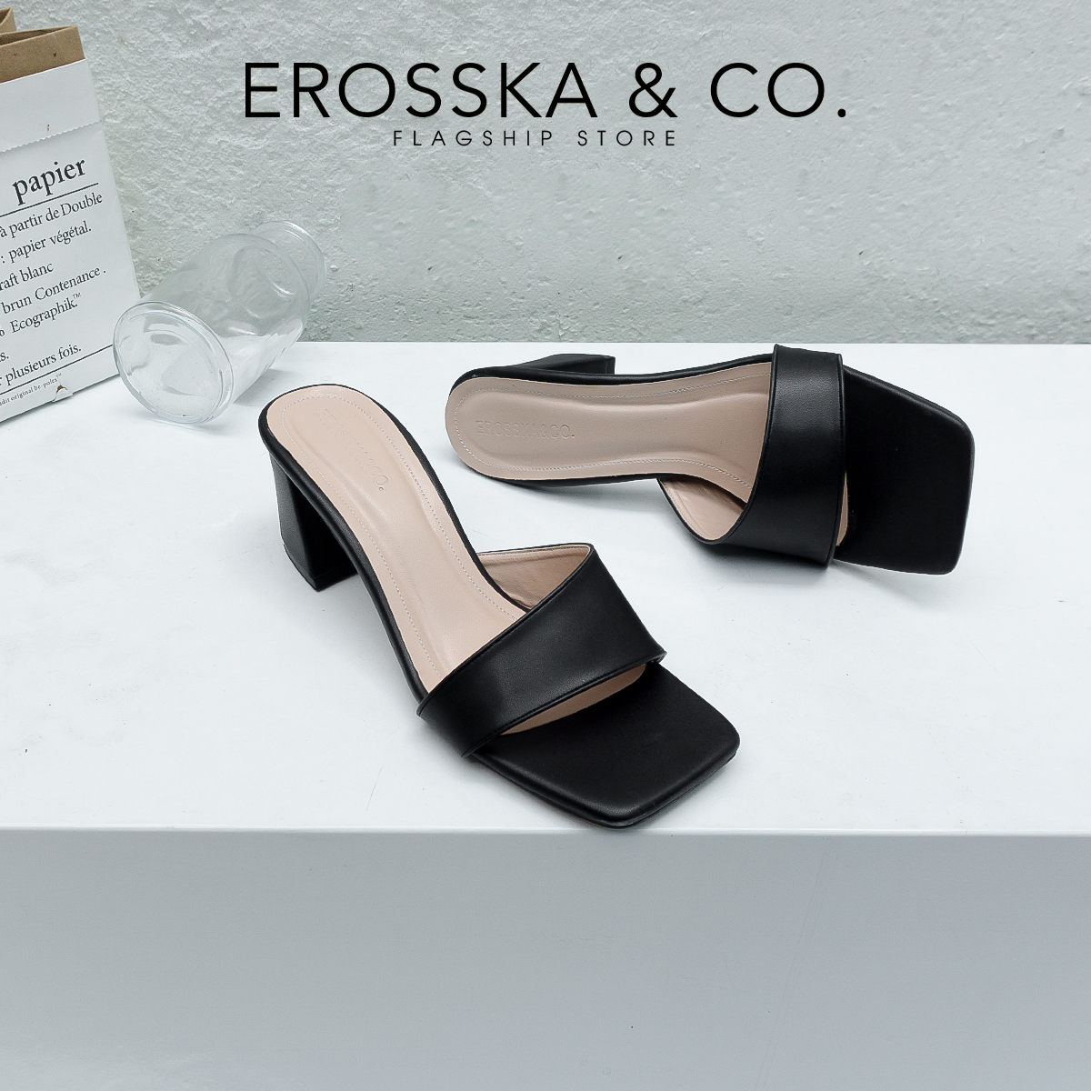 Erosska - Dép cao gót mũi vuông kiểu dáng Hàn Quốc cao 7cm EM084