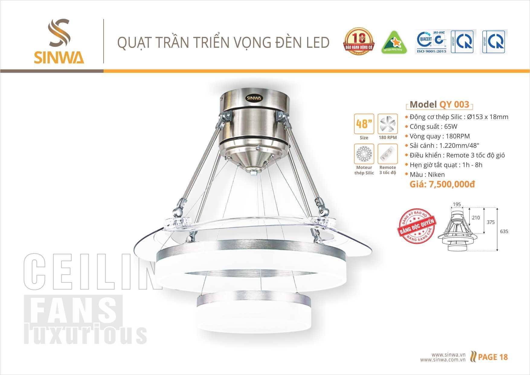 QUẠT TRẦN TRIỂN VỌNG ĐÈN LED SINWA QY003 (Hàng chính hãng)