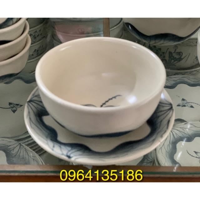 Sét bát cơm và đĩa kê men rạn vẽ sen gốm sứ Bát Tràng