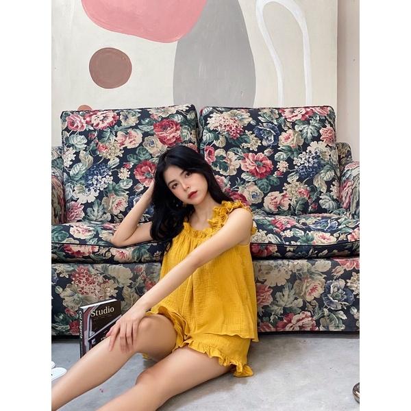 Set bộ tiểu thư đáng yêu chất Muslin cao cấp 2 màu trắng vàng