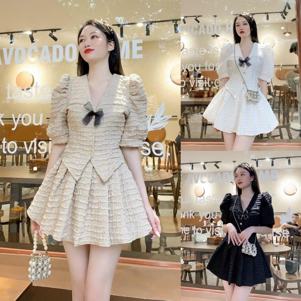 GKM_ Sét bộ đồ nữ gấm áo kiểu phối nơ mixx chân váy xếp ly xòe xinh xắn phong cách ngọt ngào DS GKM