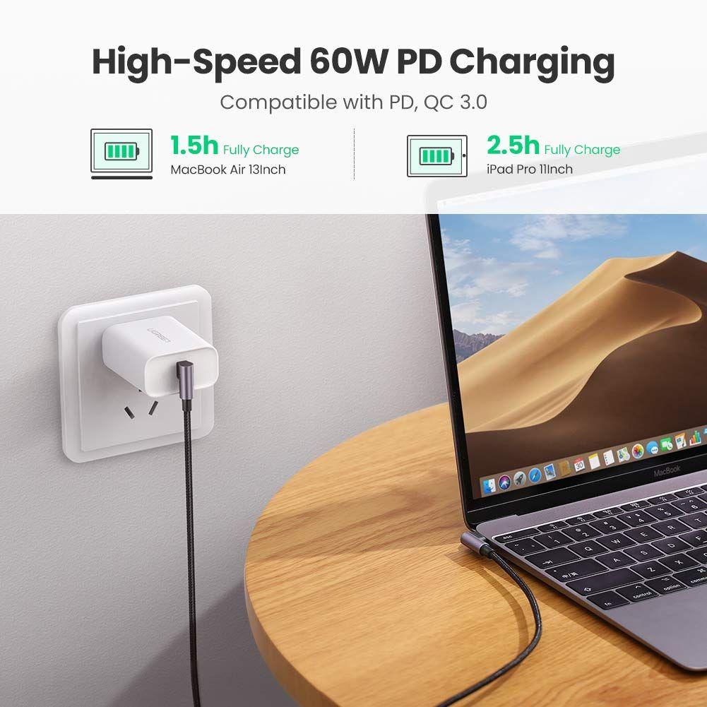 Ugreen UG70529US323TK 1M 3A 60W 2 đầu bẻ góc phải 90 độ cáp USB type C ra C đầu nhôm mạ nickel chống nhiễu - HÀNG CHÍNH HÃNG