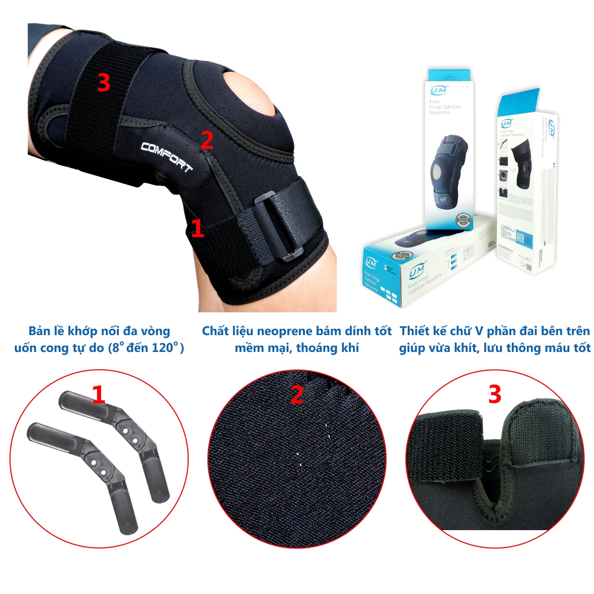 Bó gối đai dán có nẹp neoprene United Medicare