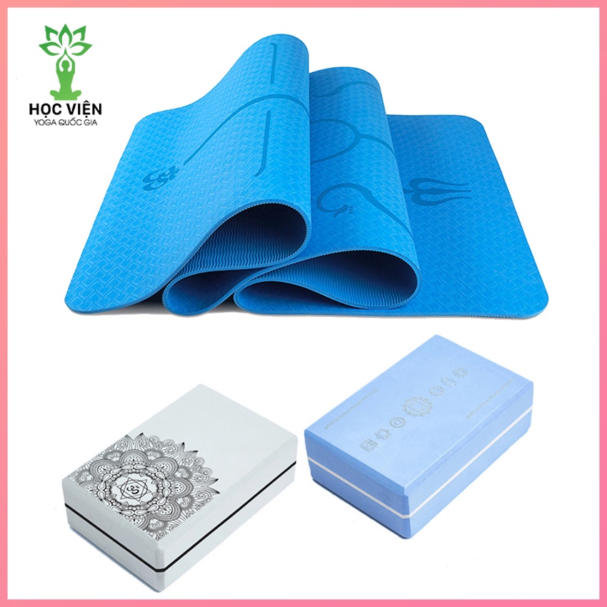 Combo 3 dụng cụ tập Yoga : 1 thảm 8mm 2 lớp TPE cao cấp êm ái + 2 gạch EVA in hoa văn Mandala sang trọng chống trơn