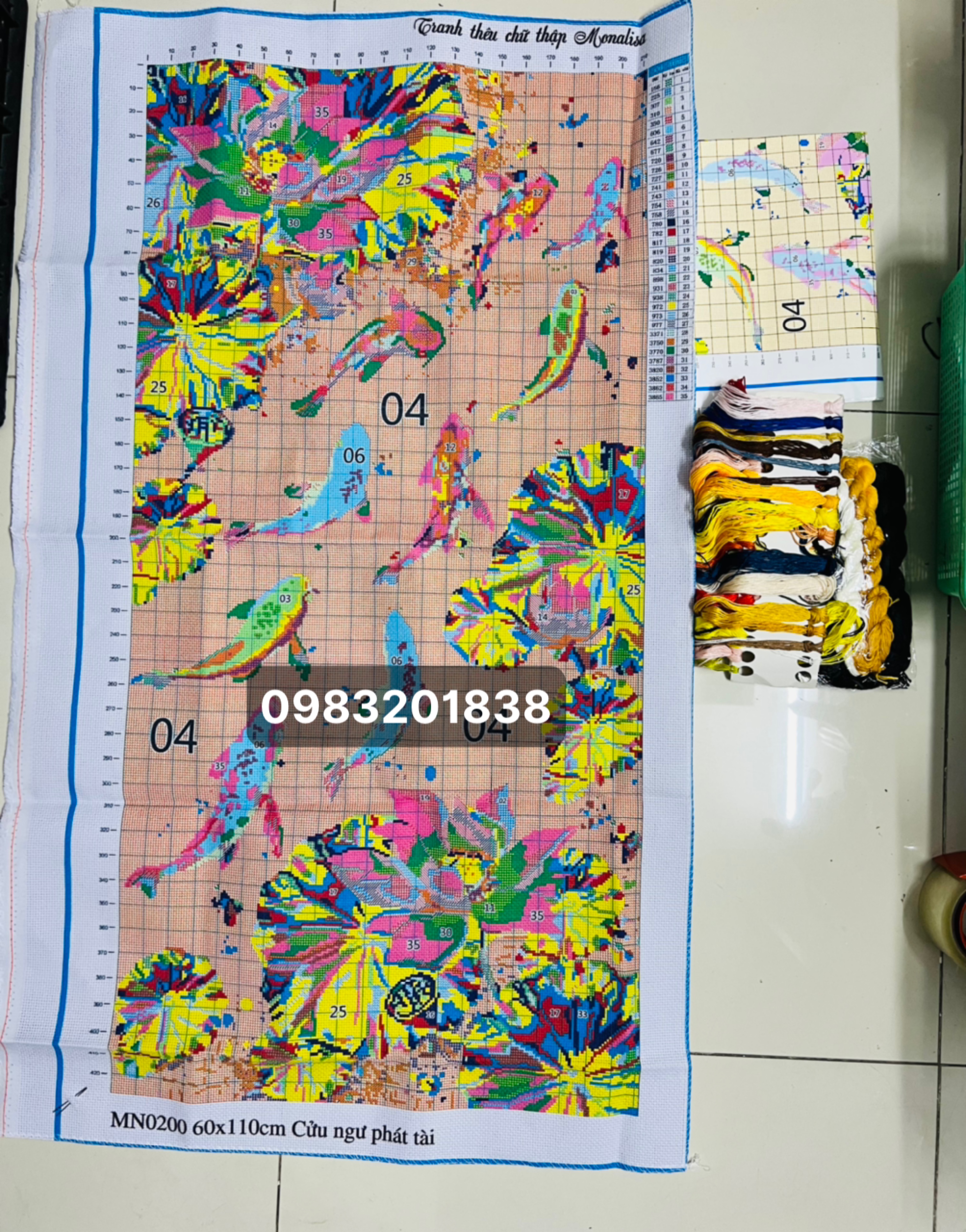 Tranh thêu chữ thập cửu ngư phát tài, tranh thêu kín kích thước 110 x 60 cm