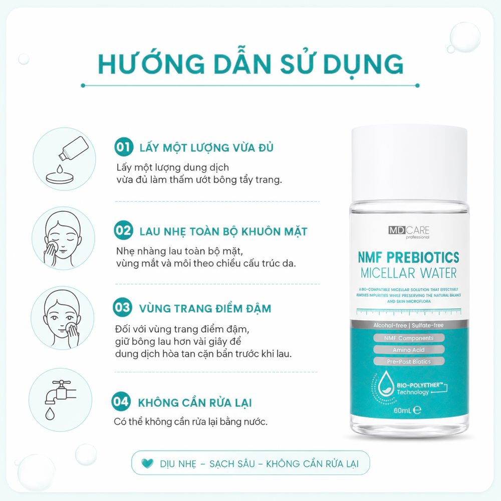 Nước tẩy trang MD CARE NMF Prebiotics Micellar Water (60ml) - Hàng chính hãng