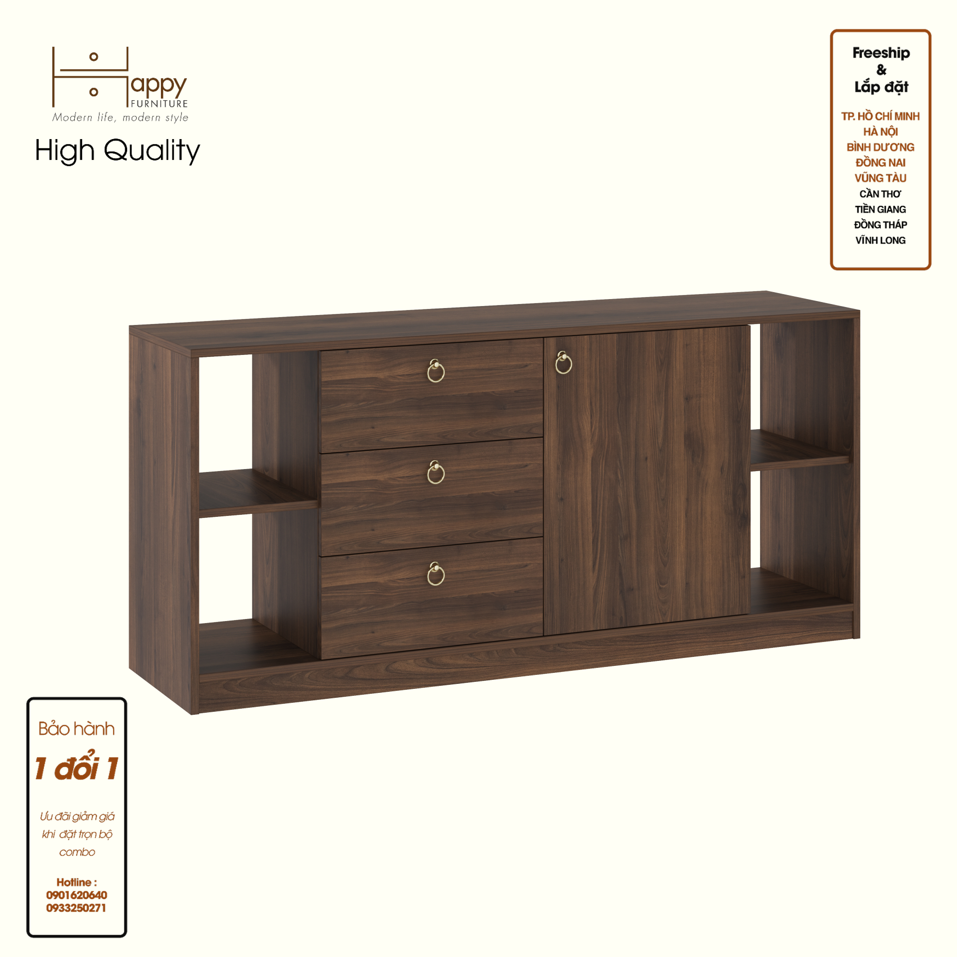 HAPPY FURNITURE , Tủ lưu trữ 3 ngăn kéo 1 cửa mở - MERI , TLT_056 , 150cm x 40cm x 70cm DxRxC