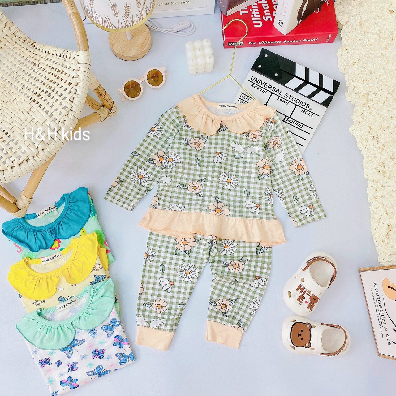 Đồ Bộ Dài Tay Bé Gái Thun Lạnh Minky Cổ Lá Sen Hình Thỏ Hồng Hạc Hoa Cúc