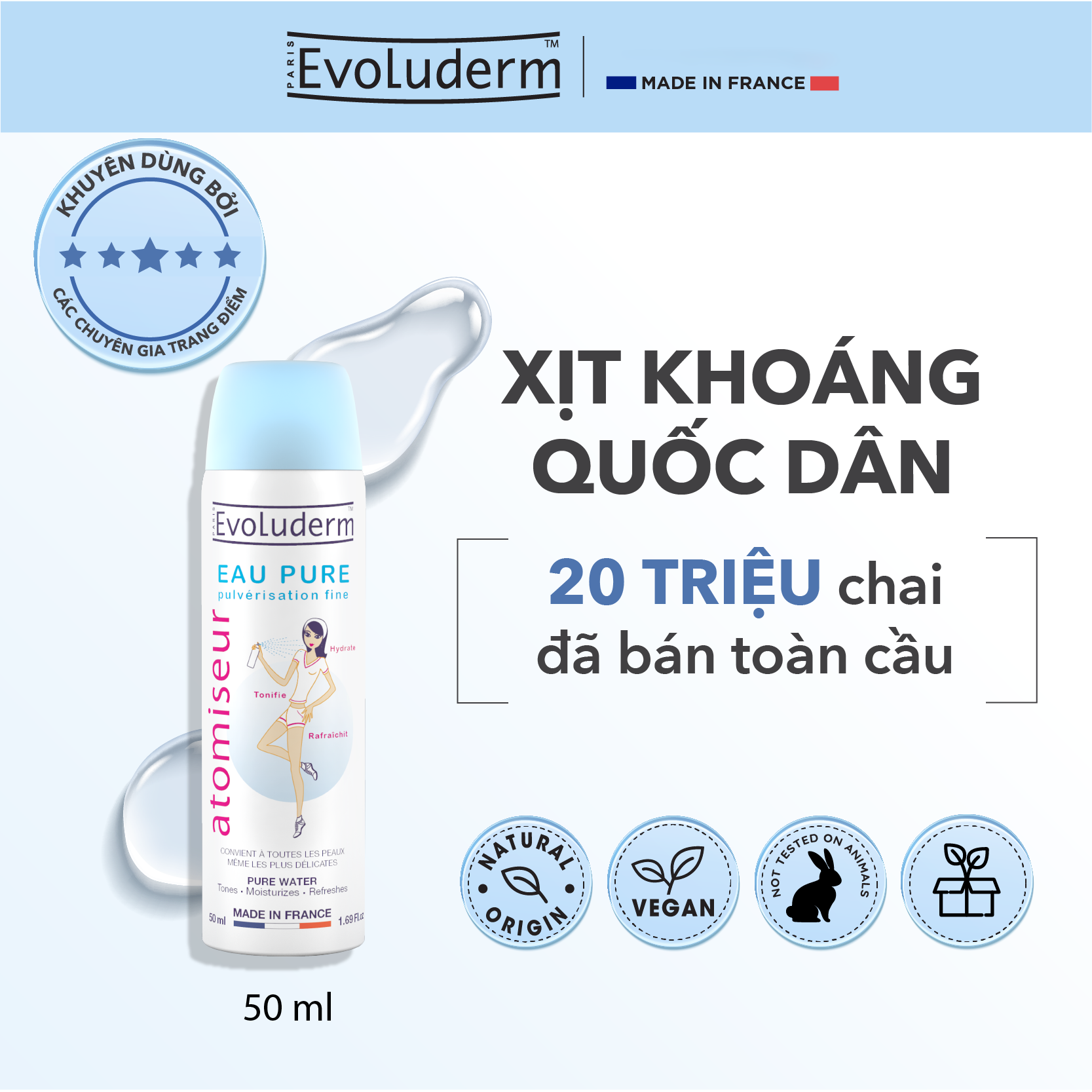 Xịt khoáng dưỡng ẩm, làm dịu và bảo vệ da Evoluderm Atomiseur Eau Pure