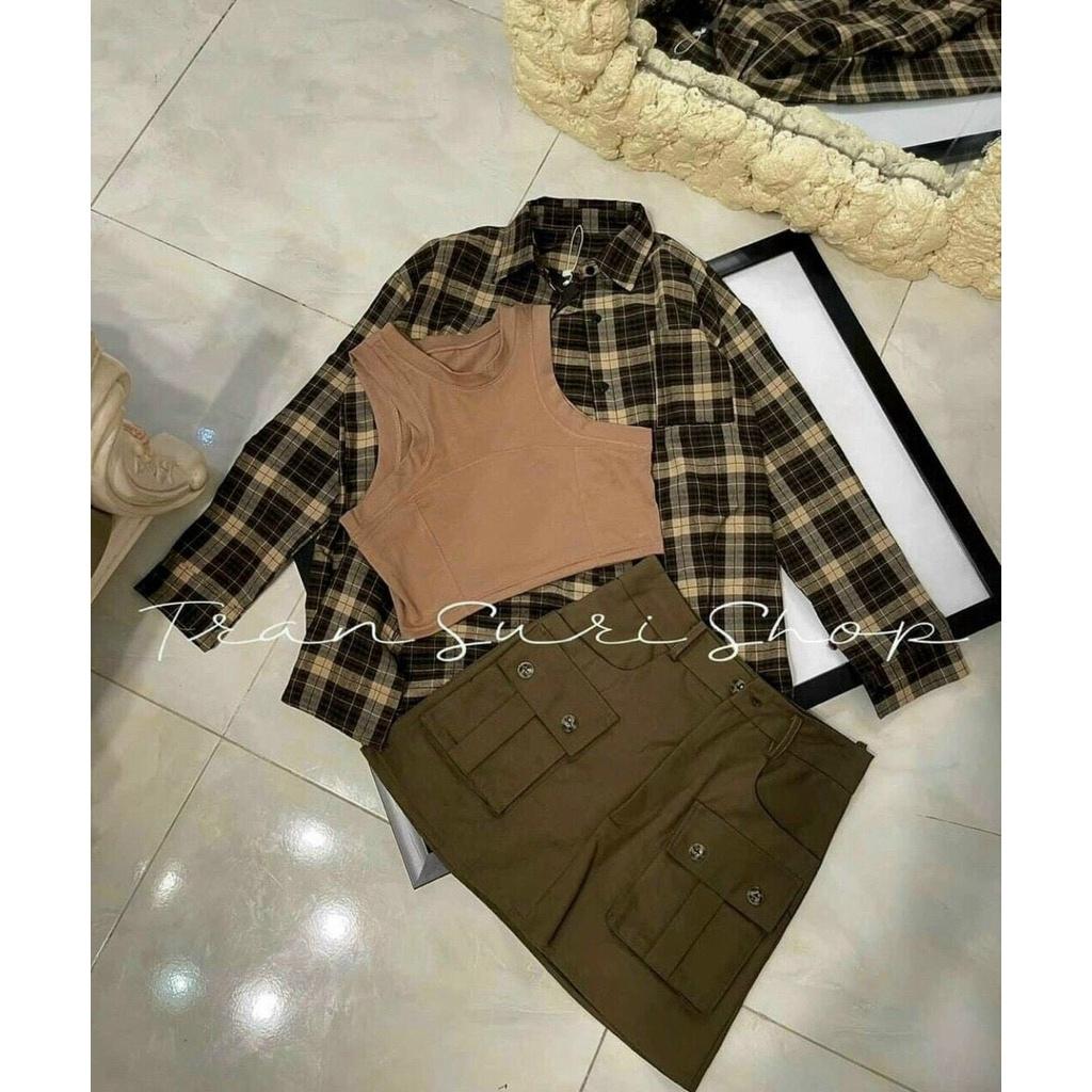 SET BỘ 3 MÓN ÁO BA LỖ CROPTOP MIX CHÂN VÁY KÈM ÁO KHOÁC SƠ MI CARO TAY DÀI CỰC NĂNG ĐỘNG